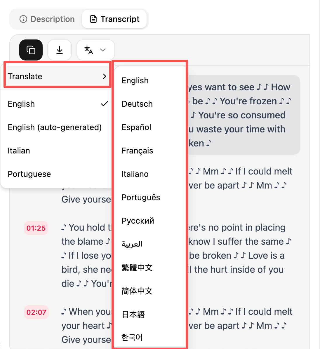 A screenshot that shows how to translate lyrics to 10+ languages with ChatTube.