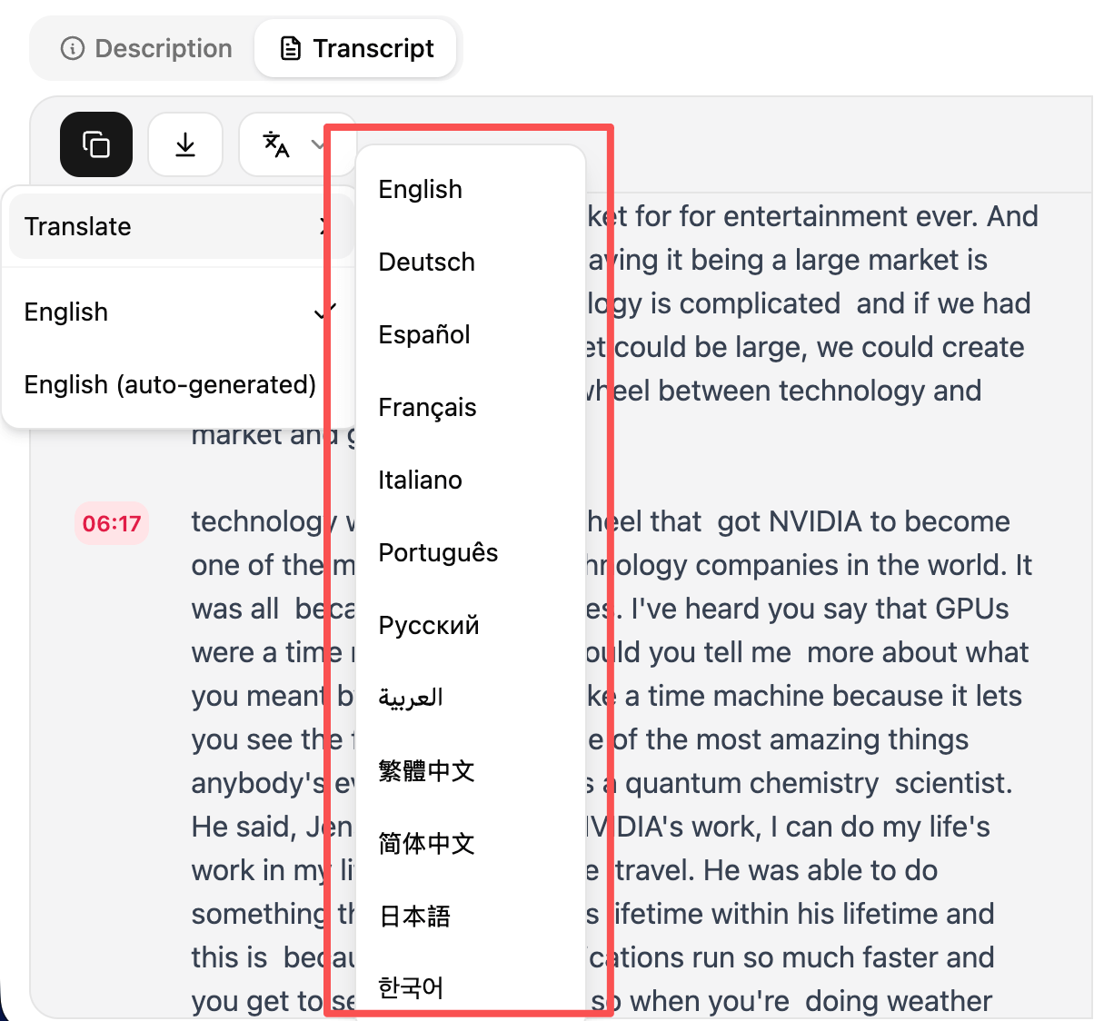 A screenshot of the ChatTube app that how translation is done.
