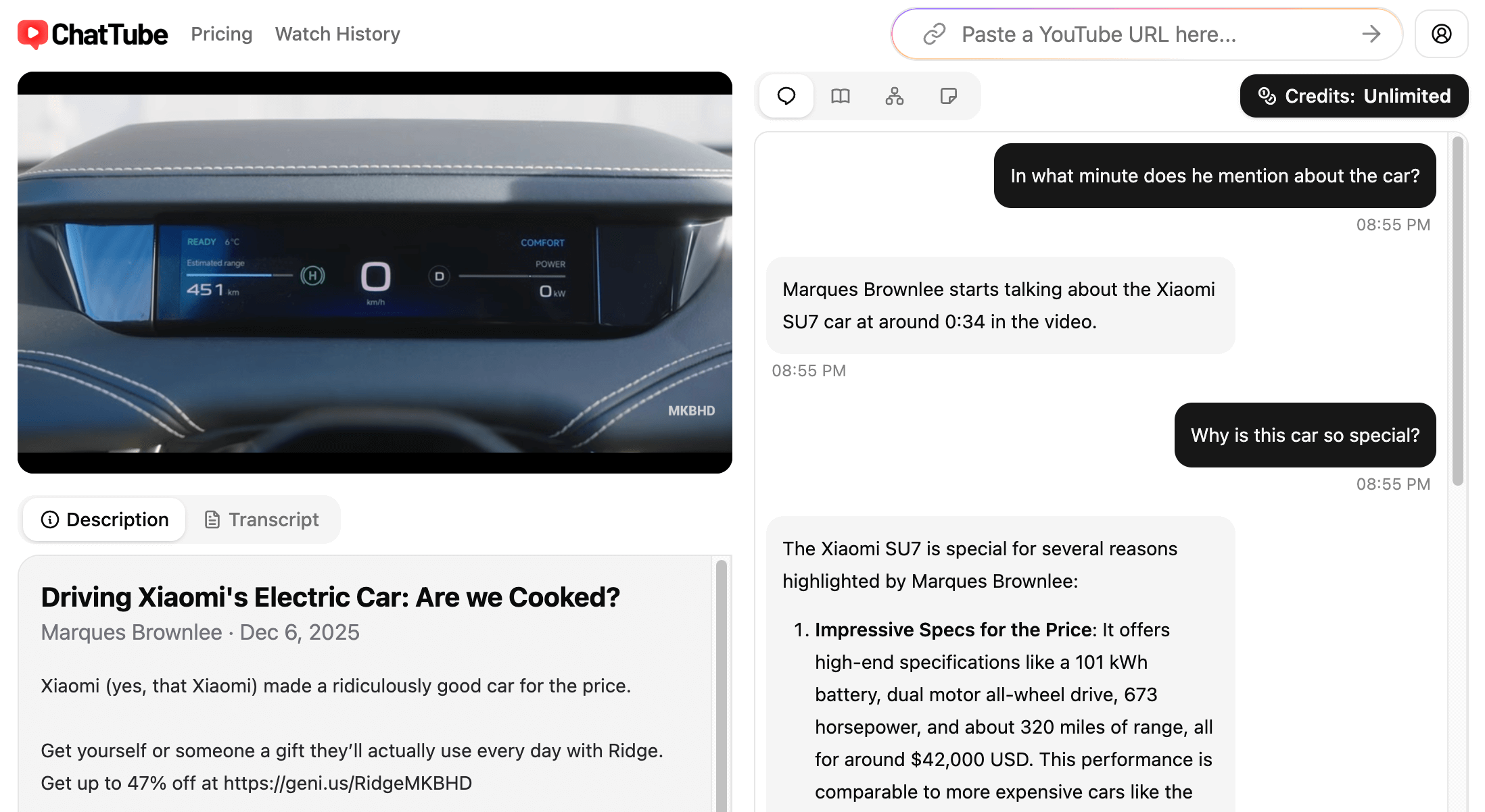 A screenshot of the ChatTube app that shows how users can get a clear, personalized explanation.