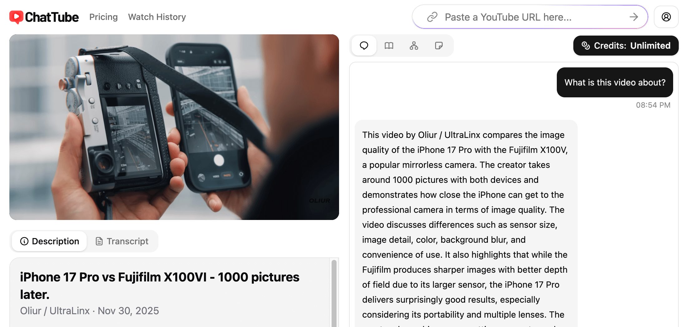 A screenshot of the ChatTube app that shows a user asking a question about a video and getting an answer in seconds.