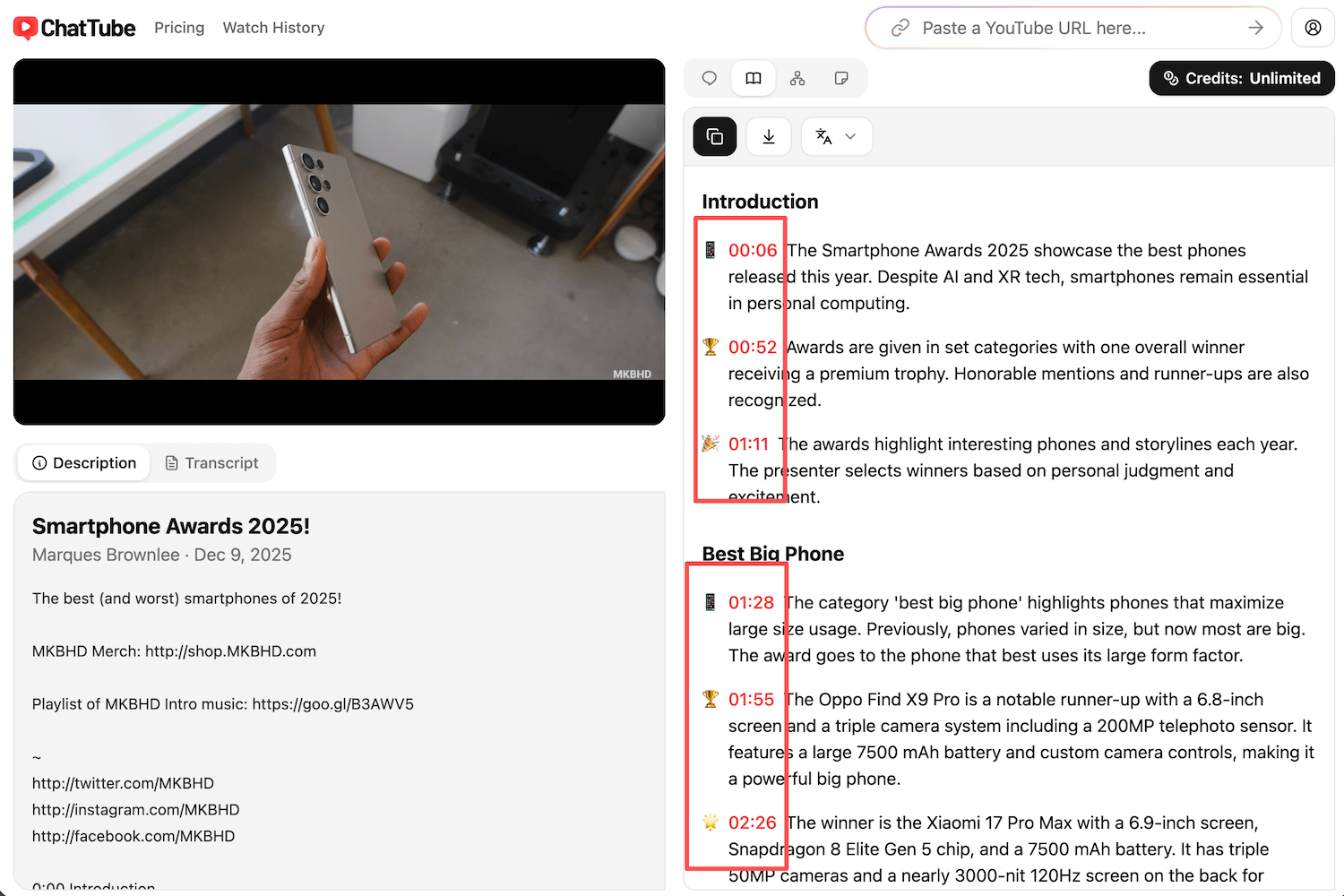 A screenshot of the ChatTube app that how a user can jump to a specific moment in the video.