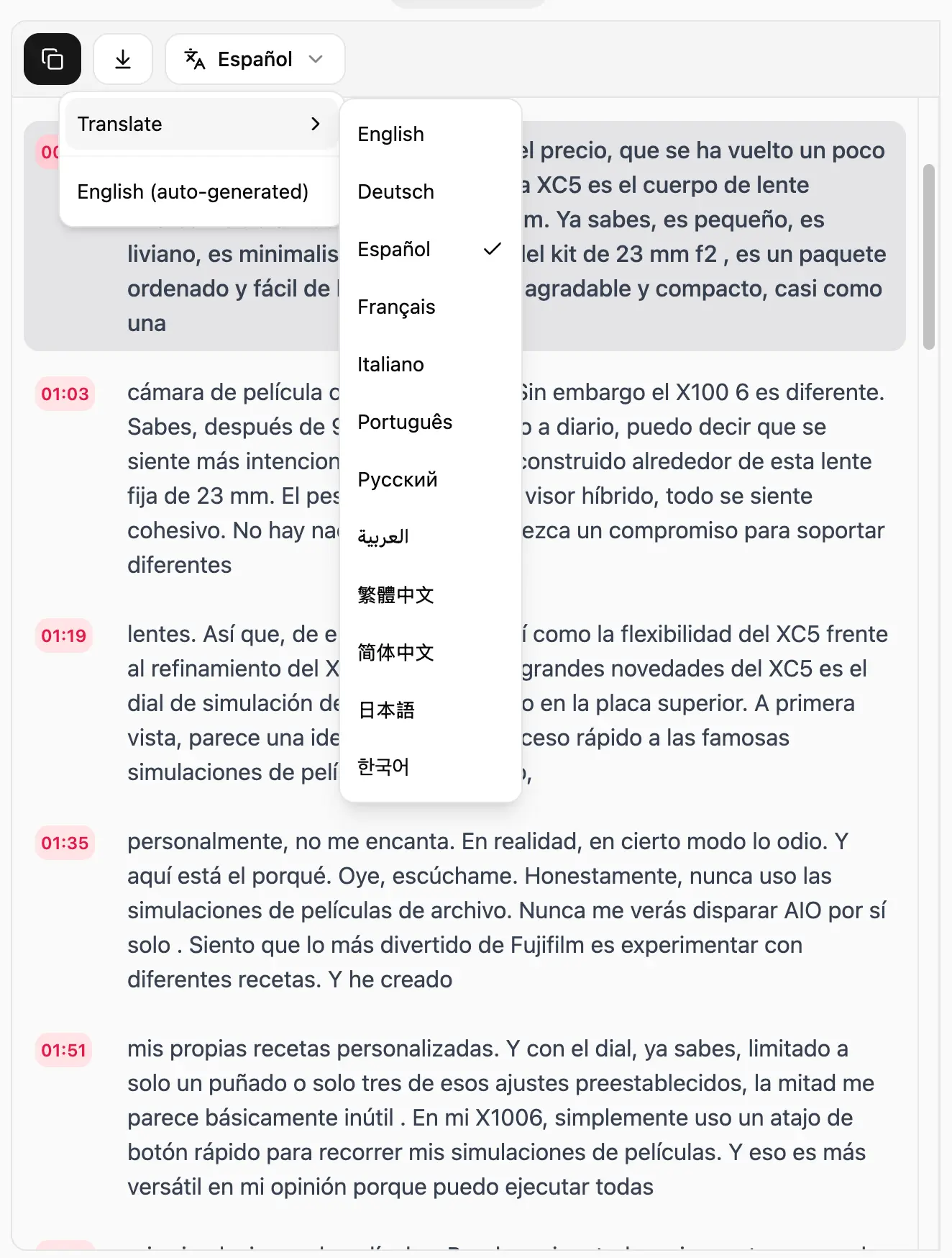 A screenshot of the ChatTube app that shows a user translating YouTube captions to another language.